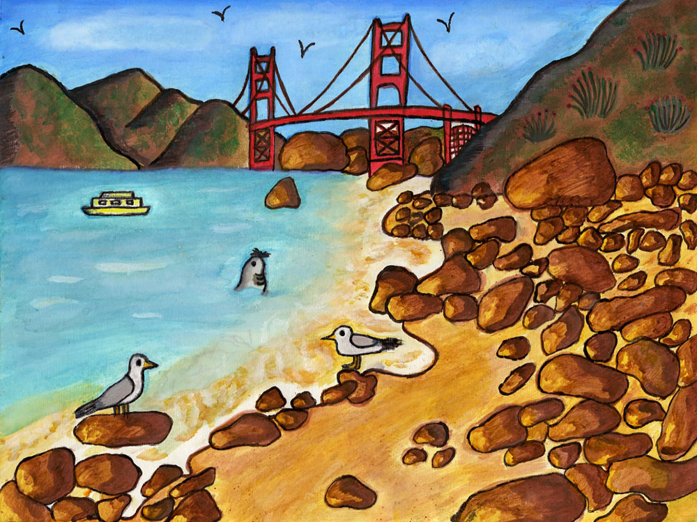 Painting of a rocky beach with birds with Golden Gate Bridge in background, by Sethu Manigandan Ramu