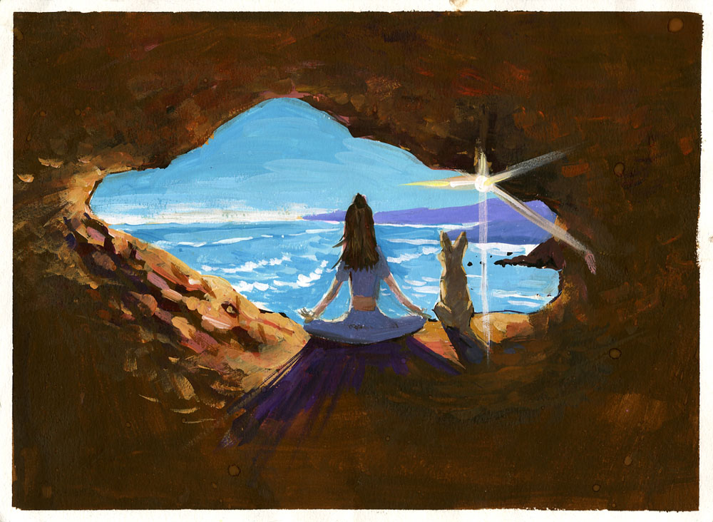 Painting of a girl meditating next to her dog in a sea cave looking out at the ocean, by Phoenix Li