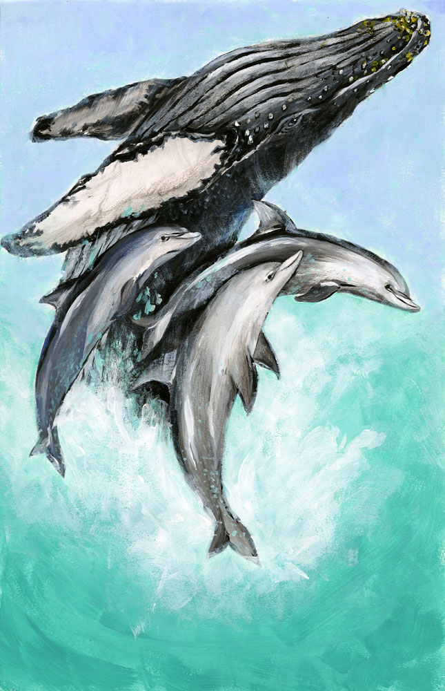Painting with watercolor, acrylic, and colored pencil, of a leaping whale and dolphins, by Nathan Kim