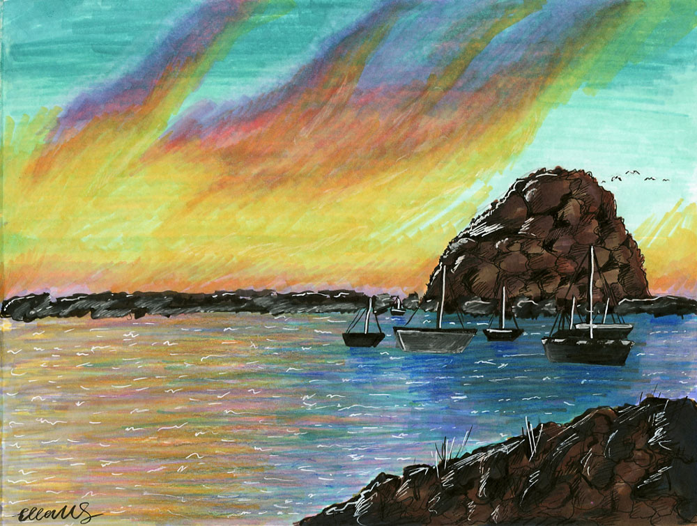 Drawing using marker, colored pencils, and pens, of Morro Bay and Rock, sail boats in silhouette with sunset in background, by Ella Wang