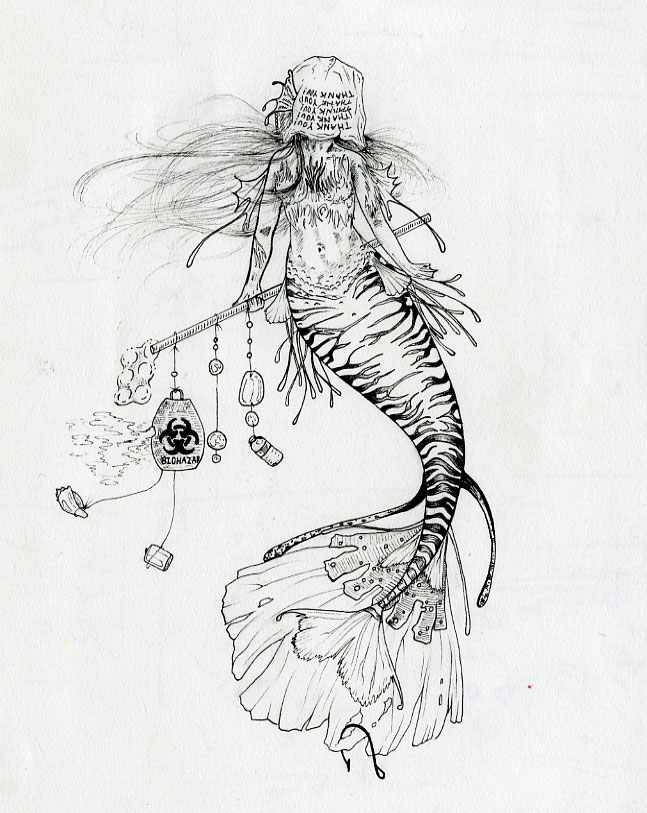 Ink drawing of a mermaid covered in trash, by Josalin Breault
