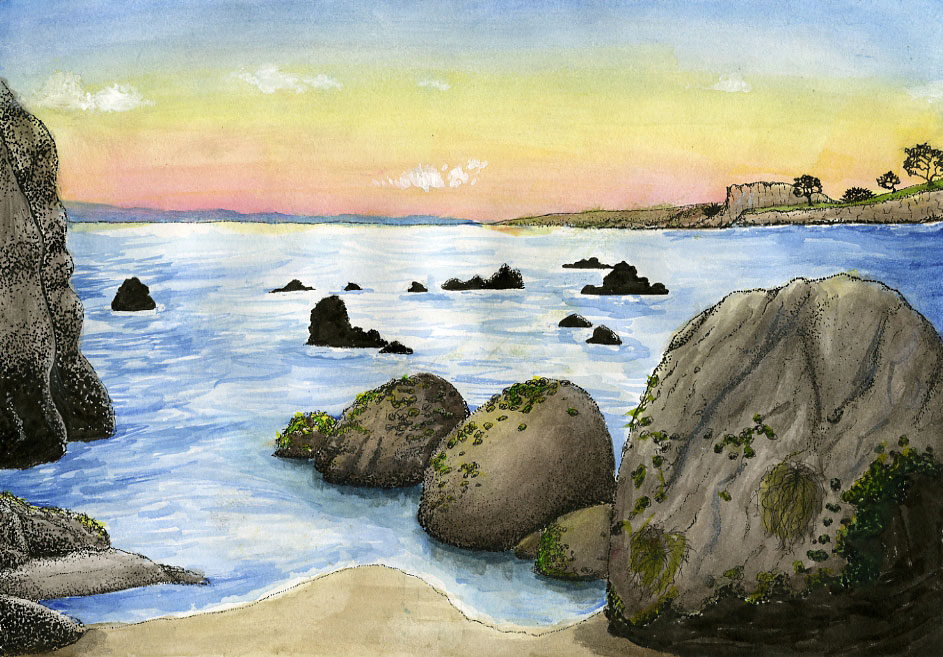 Ink and watercolor gouache of a rocky coastline, by Jackie Oram