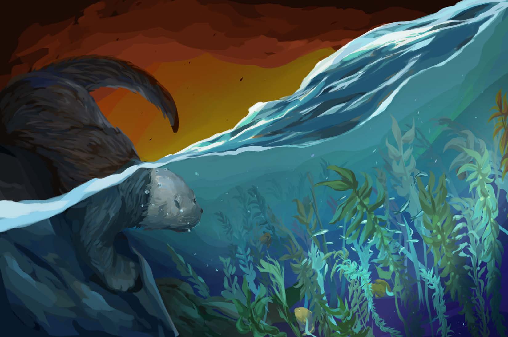 an otter dives under waves into a kelp forest, dark red sky above