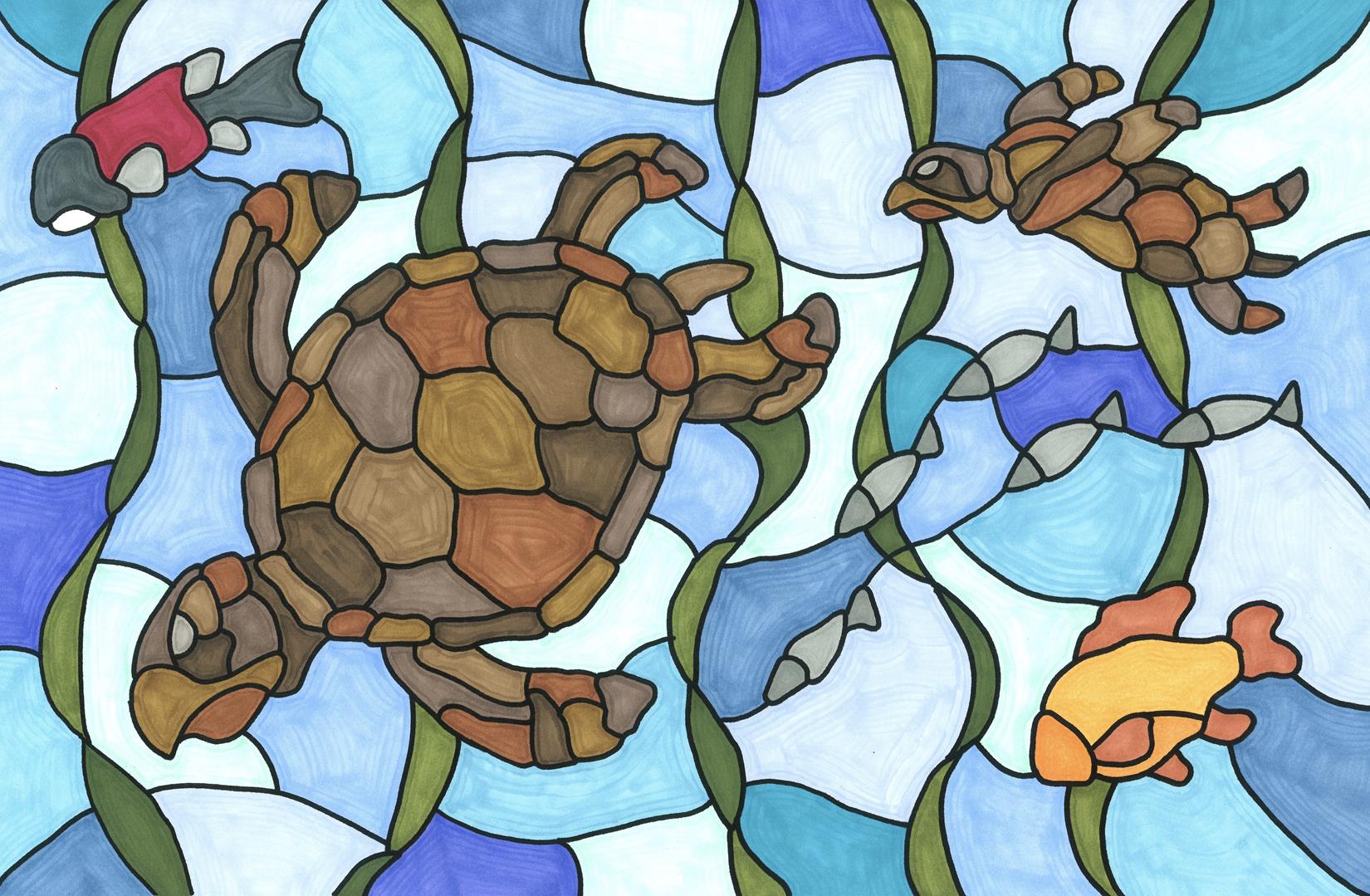 stained glass effect of turtles and fish swimming underwater through the kelp