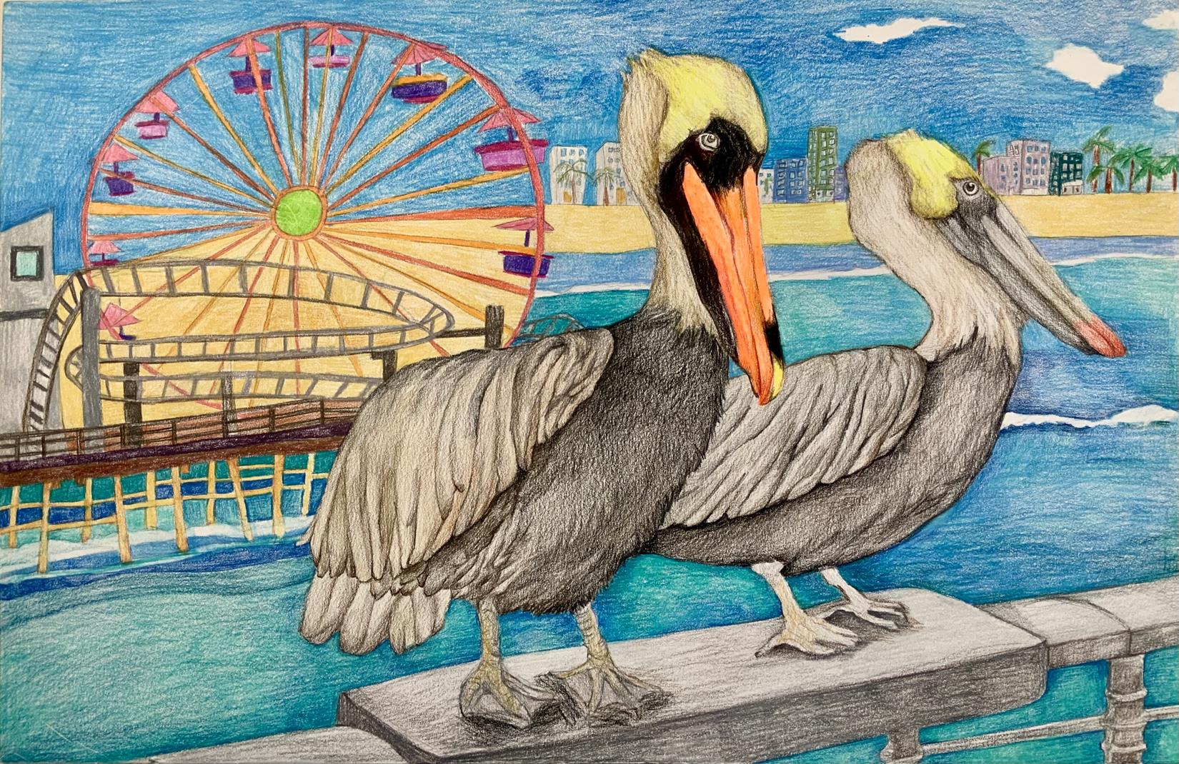 two pelicans stand on the railing of the pier with the boardwalk and ferris wheel behind them