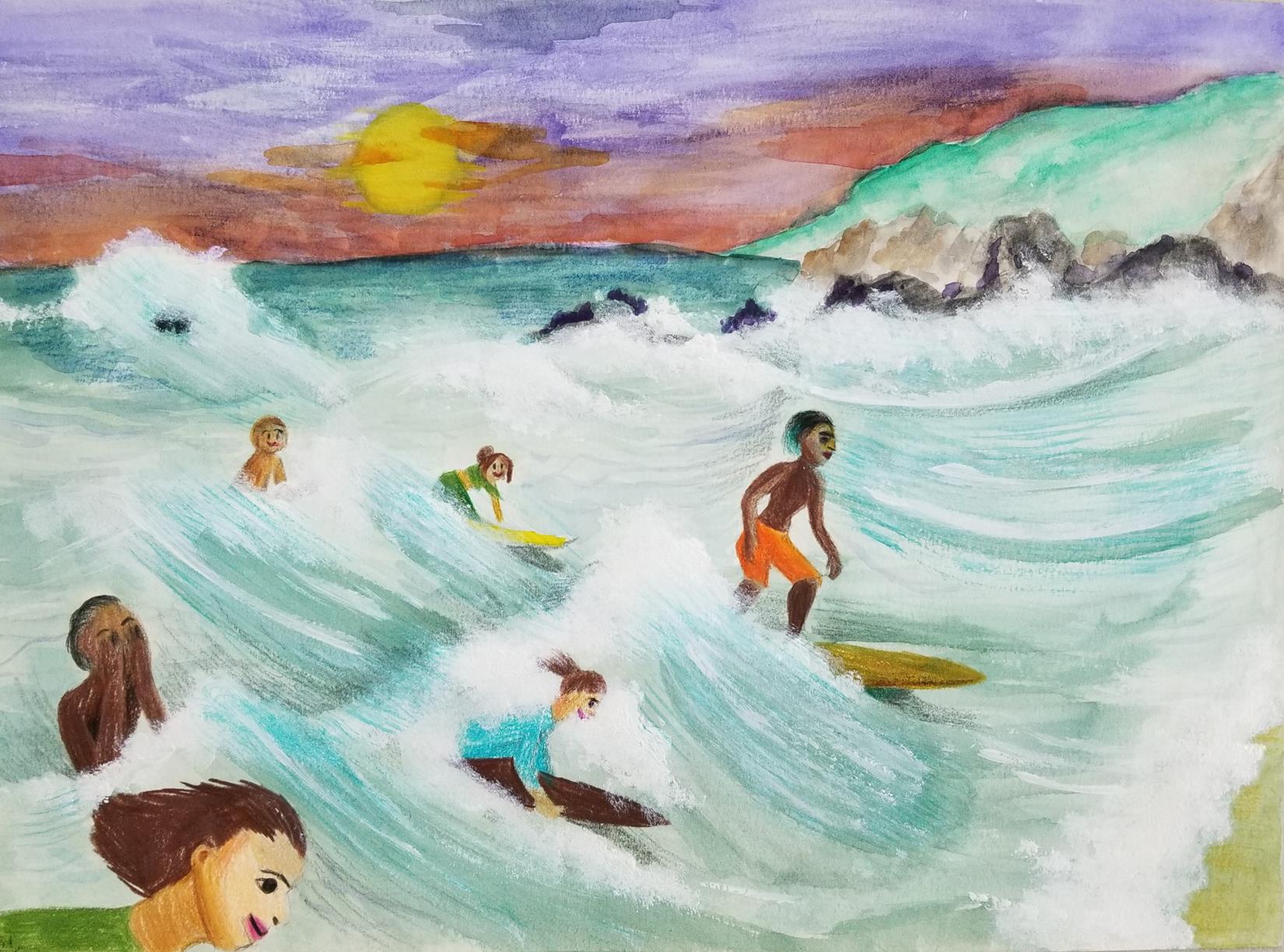 six kids surfing and playing in the waves, a sunset in the background