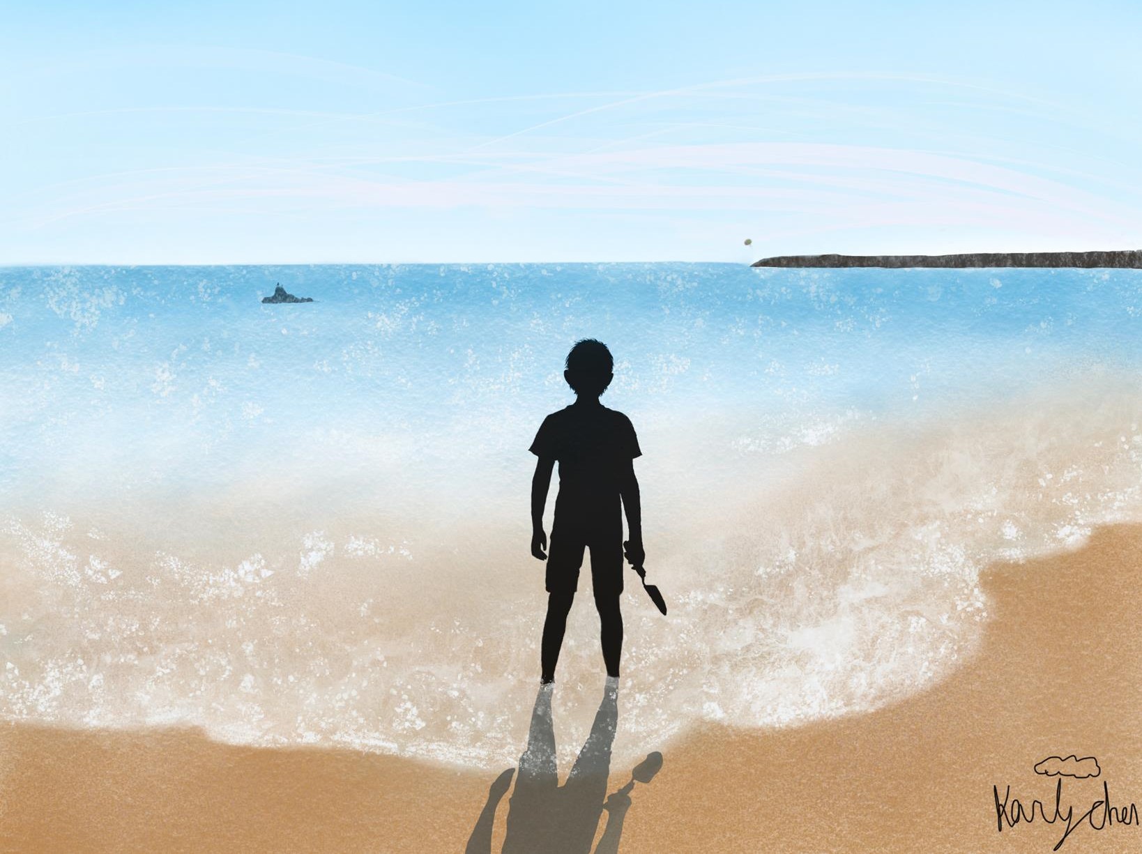 a silhouette of a child holding a sand shovel, looking away from us, out at a still ocean