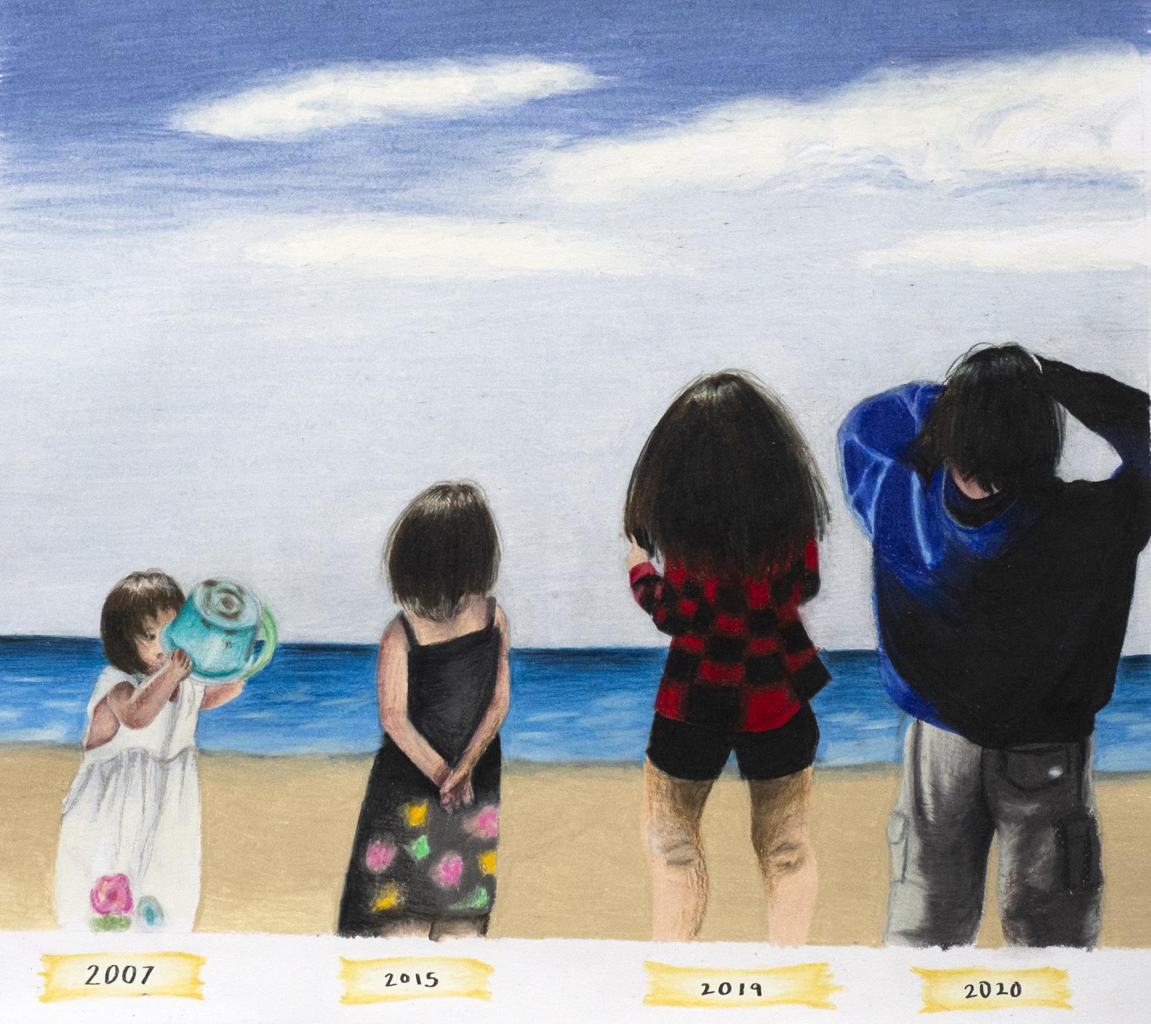 four girls of different ages, all but the youngest seen from the back as they look out at the ocean. The youngest faces the viewer as she empties a sand bucket. below each girl is a label of the years 2007, 2015, 2019, 2020, telling us that these are all the same girl