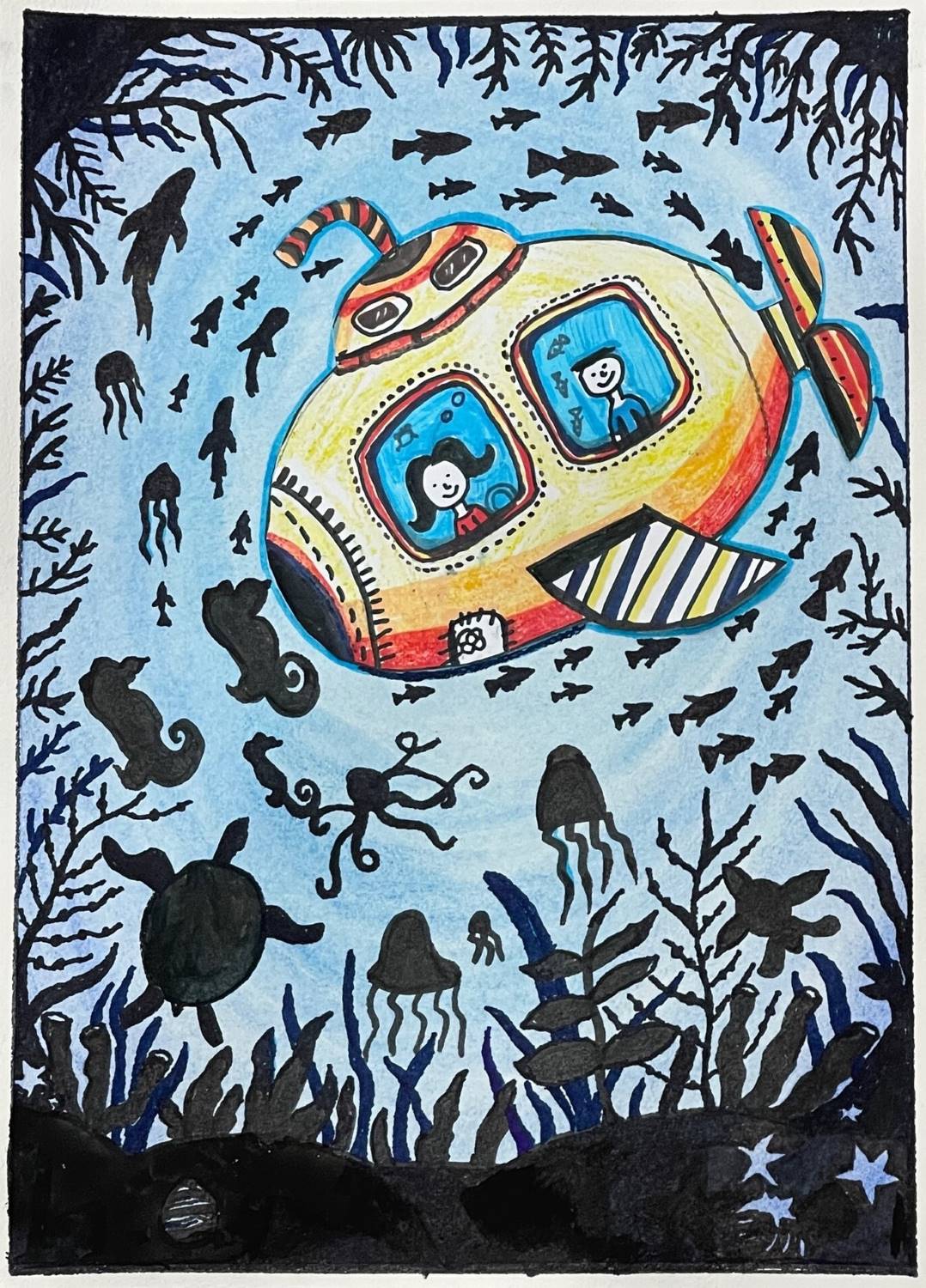Two children can be seen through the windows of a submarine that is circled by a wide variety of ocean creatures
