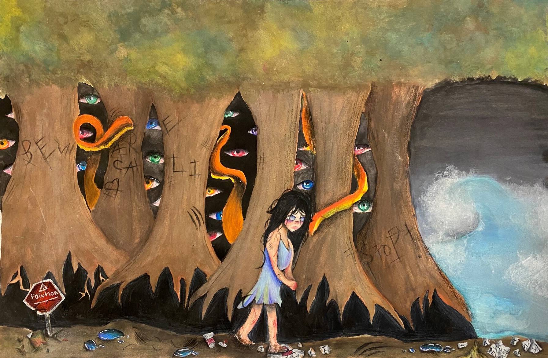 A child walks sadly next to the ocean through a forest full of floating eys and tentacles. Trash is on the ground. A sign says Pollution. Carved into the trees are the words Beware, Cali, Stop!