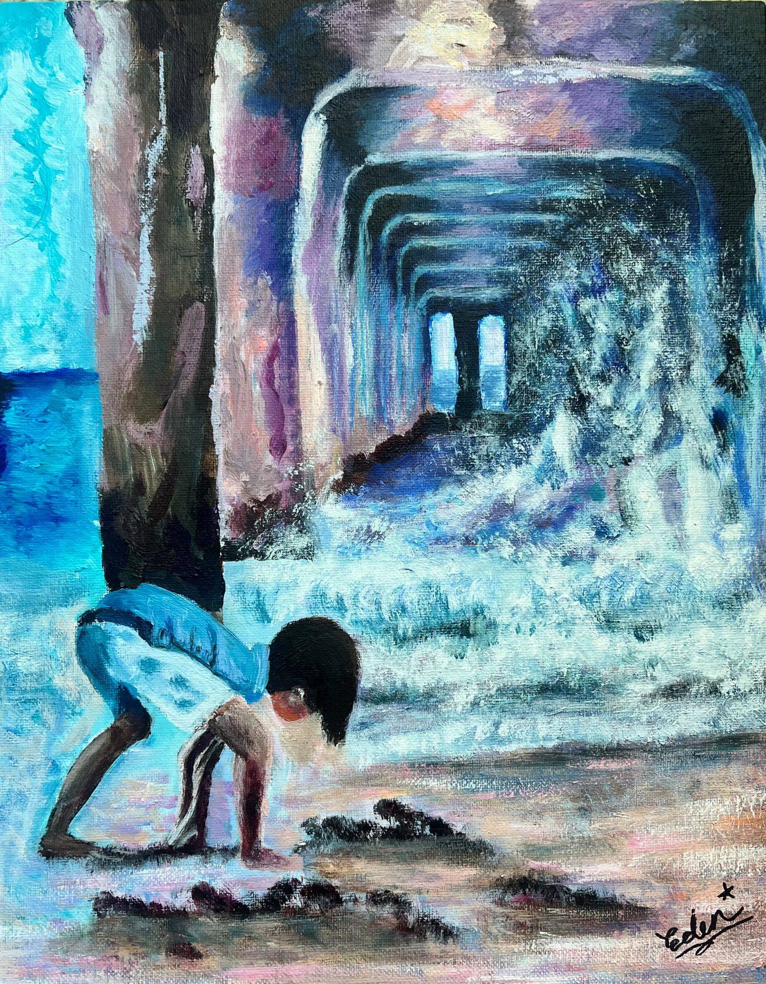 A child bends over to the sand, under a pier as waves splash.