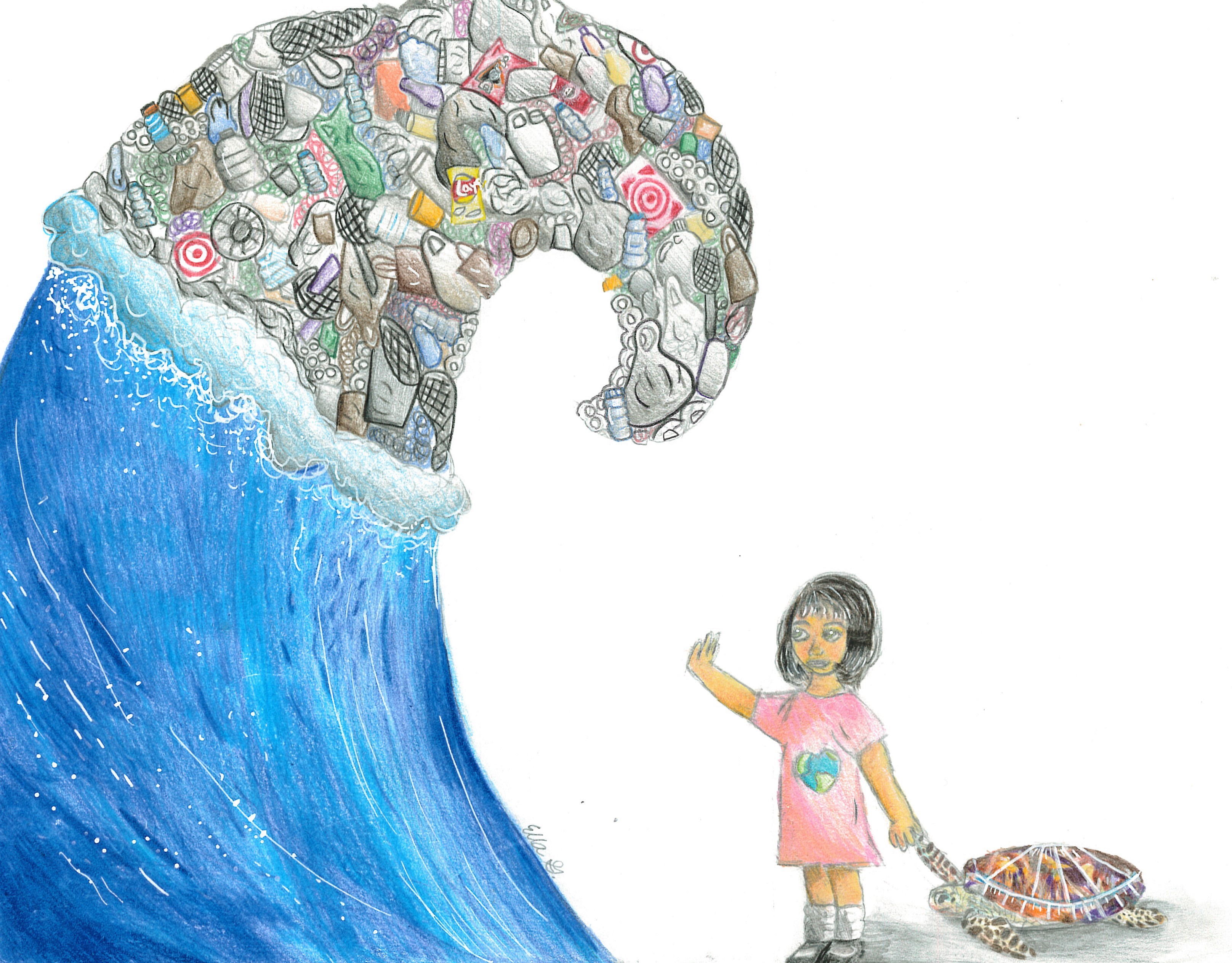 A small child holds the 'hand' of a turtle and her other hand is raised up to hold off a breaking wave made of trash.