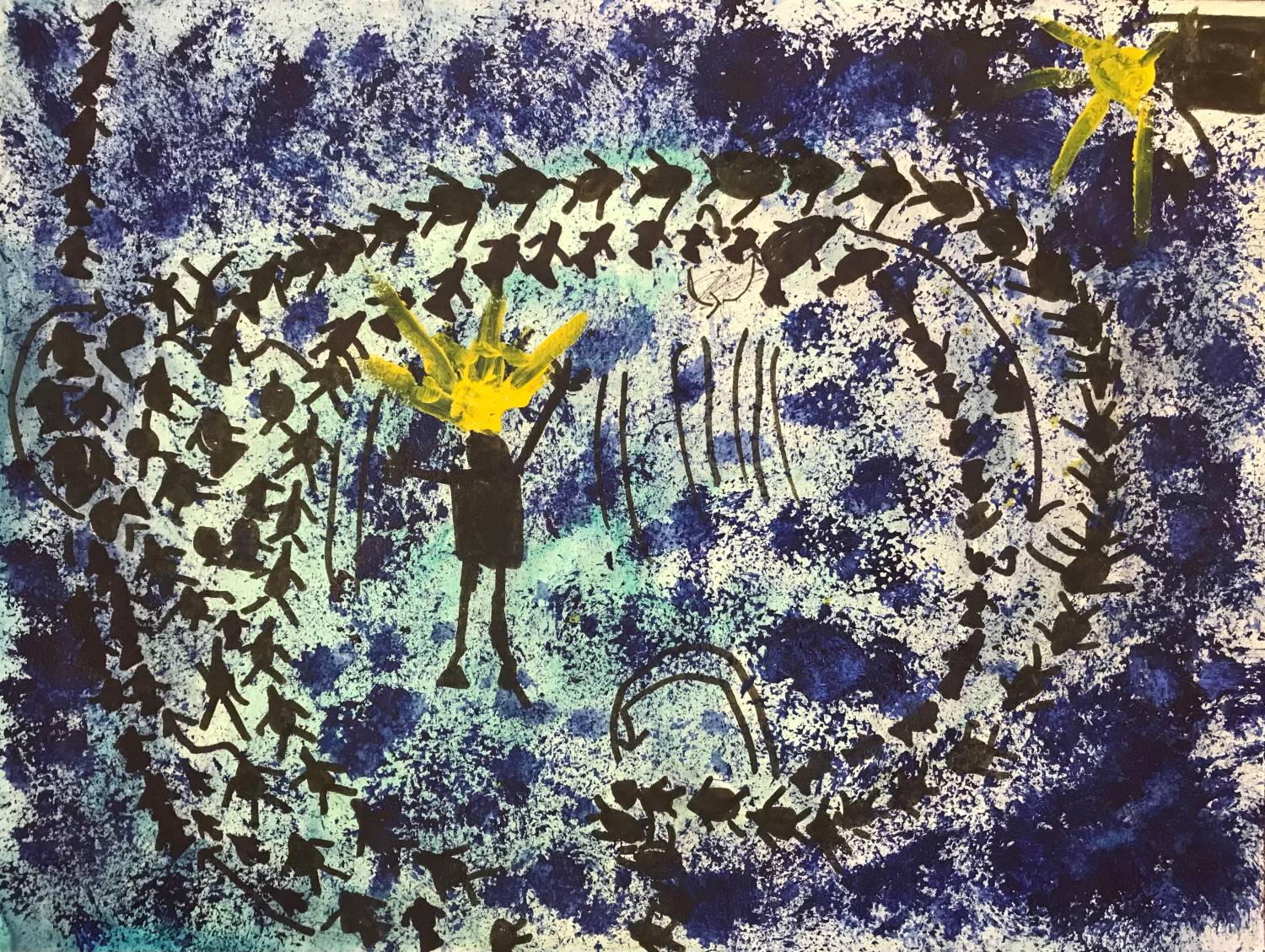 A person with a head like a bright star is standing in the darkness surrounded by a sircle of fish. Another light is in the corner of the drawing.