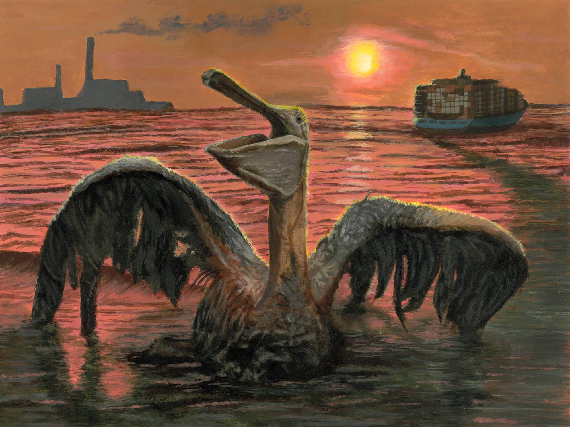 A pelican in foreground stretches out its wings and opens its beak. It is dripping with oil. The sun sets and in the distance a full cargo ship departs and a factory smokestack emits dark smoke.