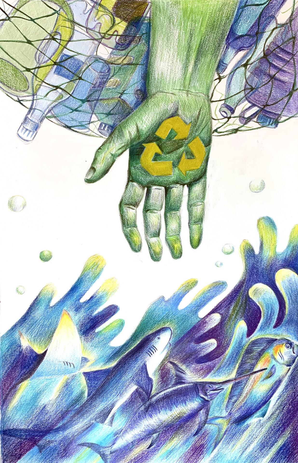 A hand reaches down through a net toward the ocean. The net is full of bottles and cans. The hand has a recycling symbol on its palm. The water reaches up, grasping, and fish can be seen in the waves.