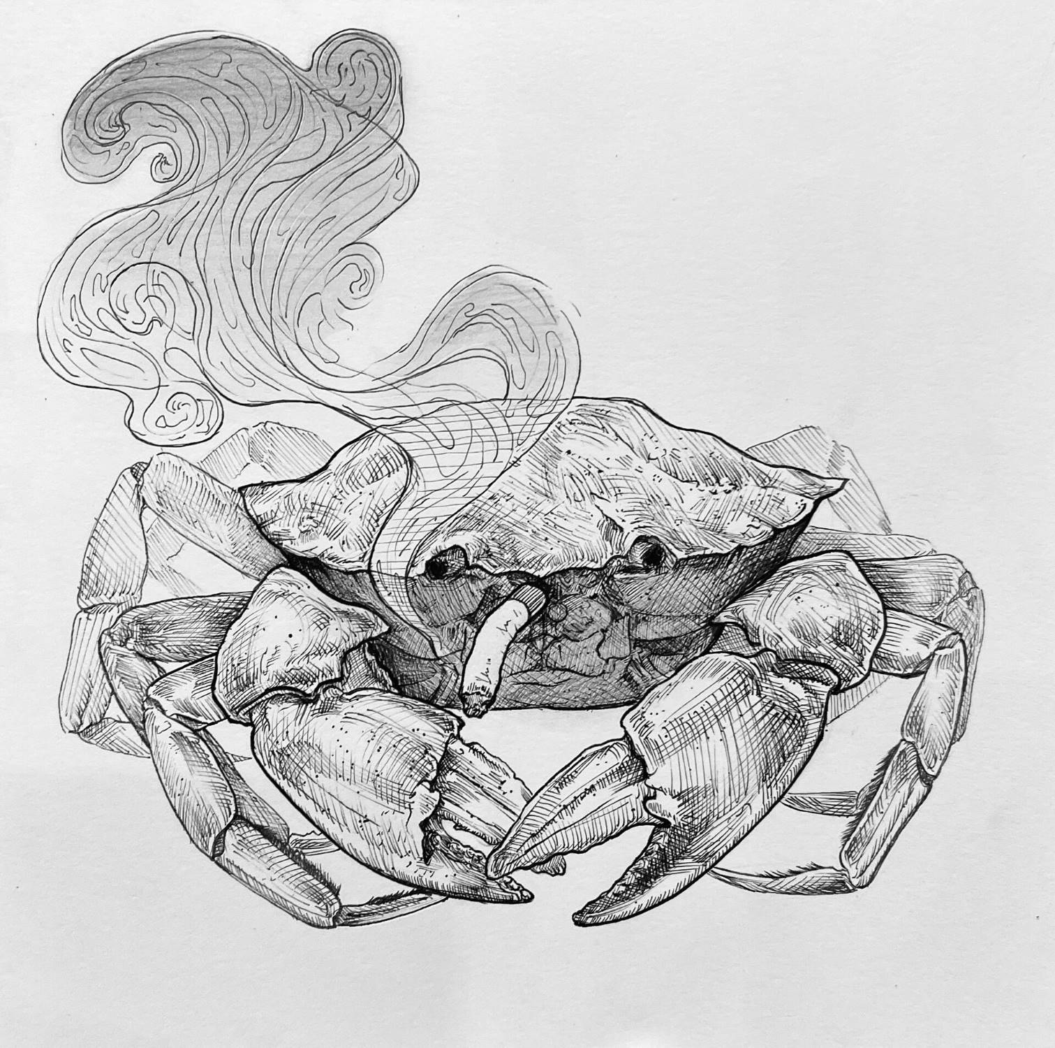 A line drawing of a crab smoking a cigarette, smoke billowing up.