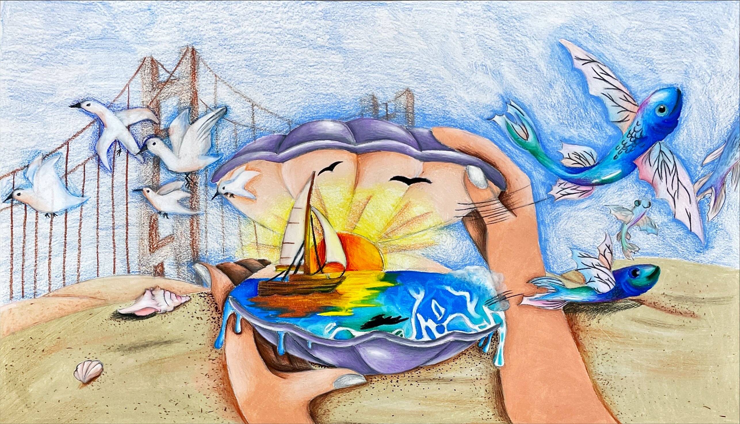 Two hands open a scallop shell. Inside is a setting sun and a sailboat. Flying fish leap around the shell and birds fly by. A bridge is in the background.