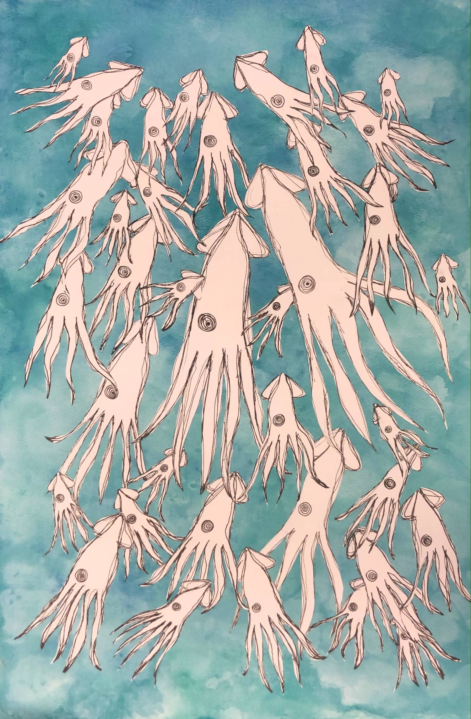 A school of squid swim upwards.