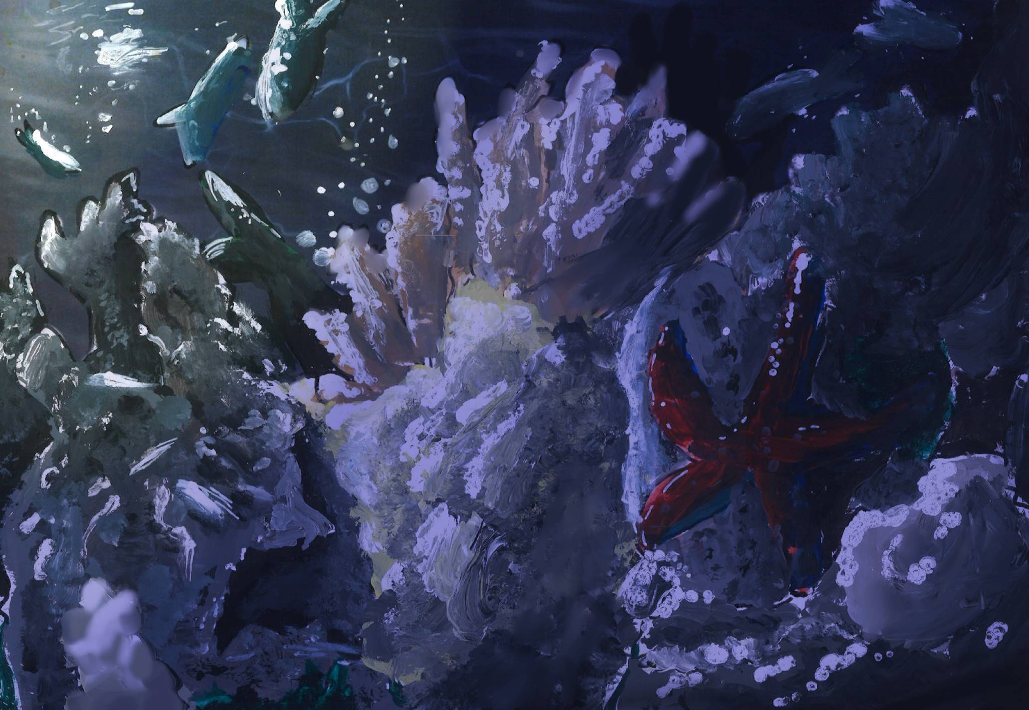 A dark scene of corals, sea star and fish underwater.