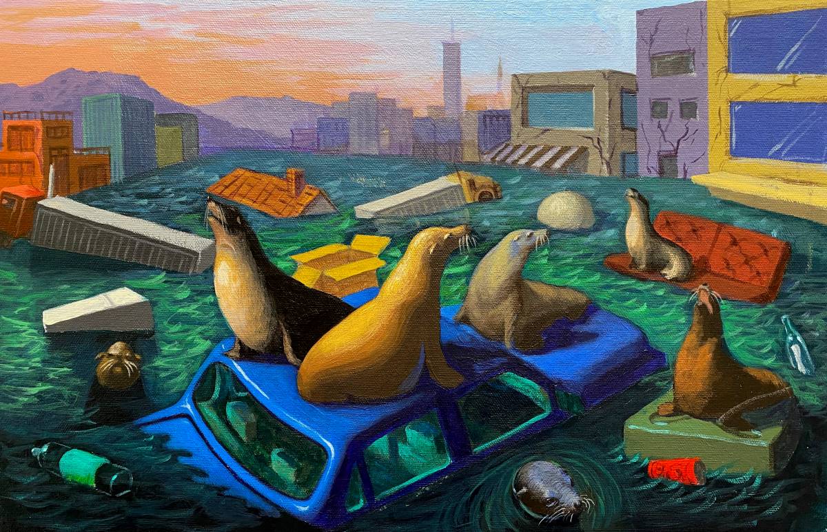 A city is flooded with water. The buldings are cracked, debris from homes and a car float in the water. Sea lions sit on the floating debris and swim amongst it.