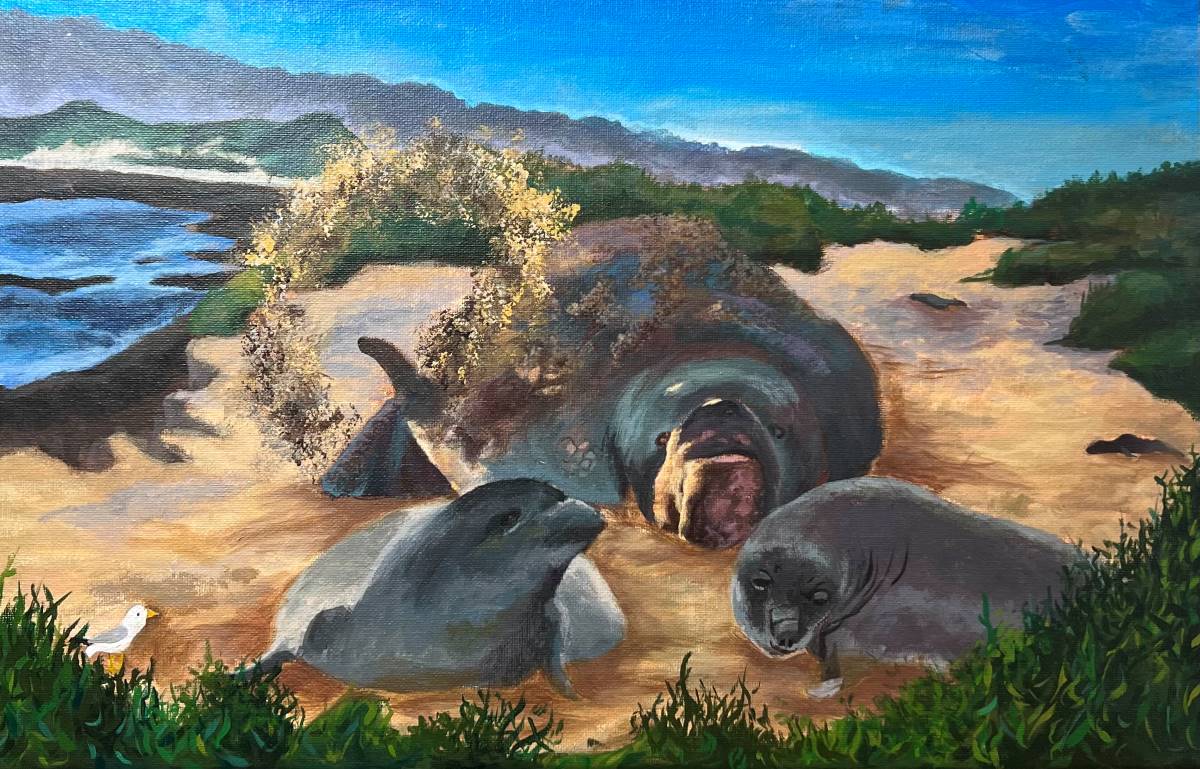 Three elephant seals lie in the sand as one tosses sand in an arc.