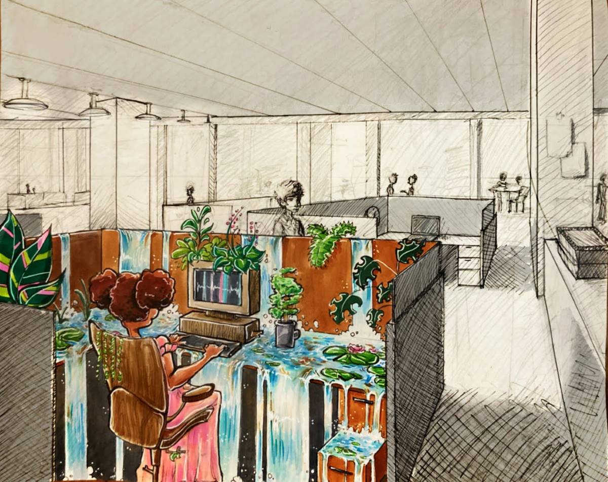 A woman sits in a cubicle in an office building. Outside of her cubicle details are lightly sketched, inside her cubicle is colorful, full of plants, with water splashing down the desk and onto the floor.