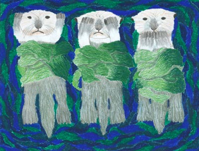 Hear, See, Speak No Evil Otters, art by Rosie Arathoon, Grade 9