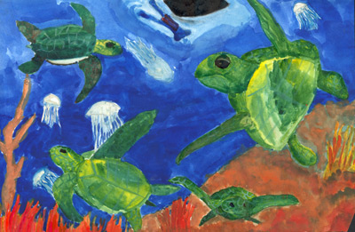 Swimming with Turtles, art by Bryce Wong, Grade 4
