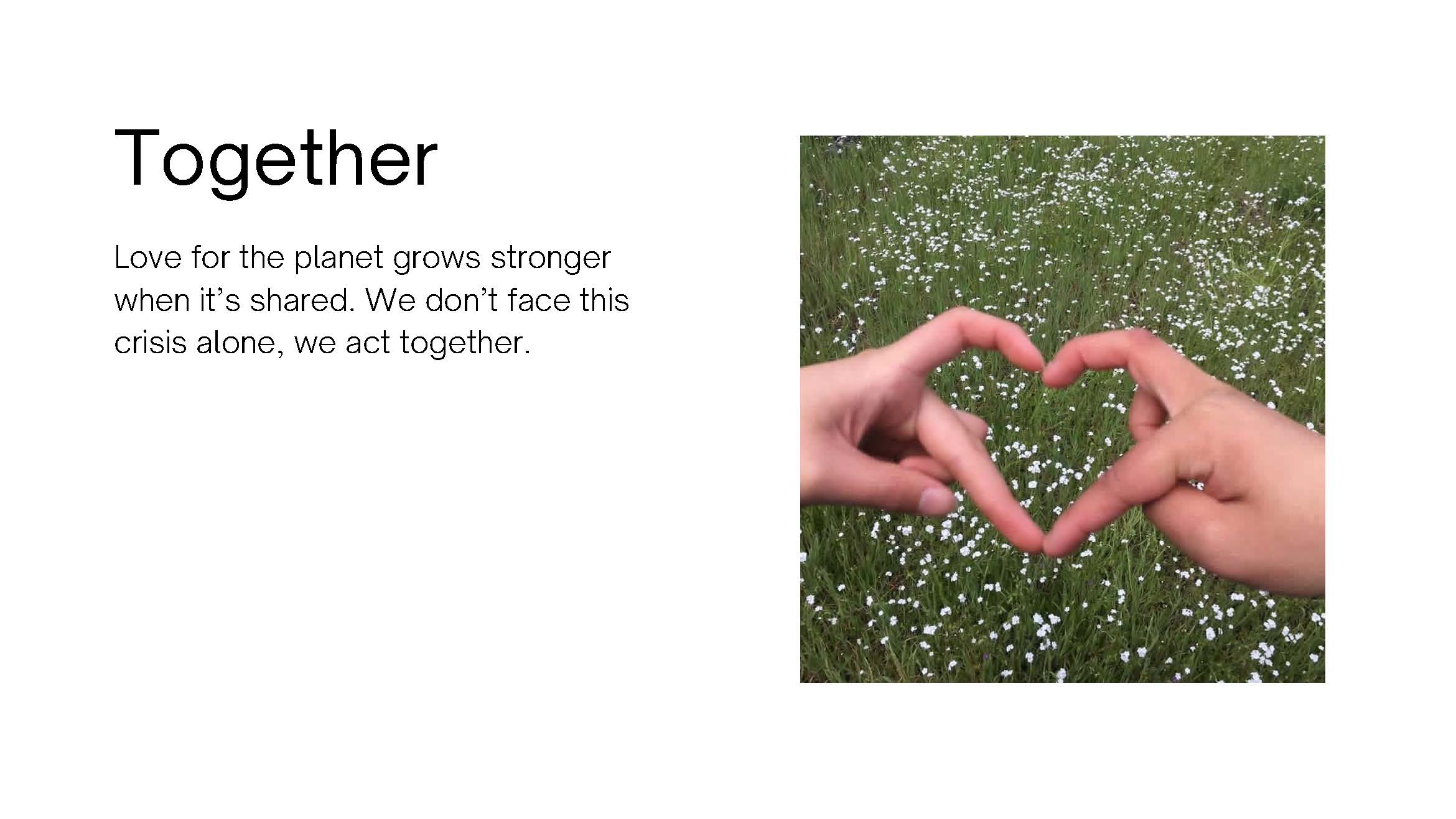 Photo of hands making the shape of heart, with a flower-filled meadow in background. 
					Text: Together. Love for the planet grows stronger when it's shared. We don't face this 
					crisis alone, we act together.
