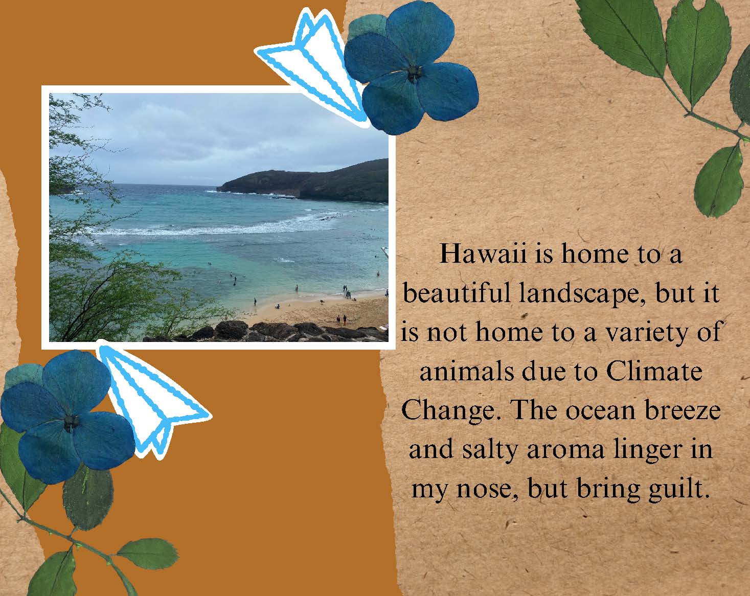 Photo of a calm tropical bay with people on the beach and in the water. Text: Hawaii 
					is home to a beautiful landscape, but it is not home to a variety of animals due to Climate 
					Change. The ocean breeze and salty aroma linger in my nose, but bring guilt.