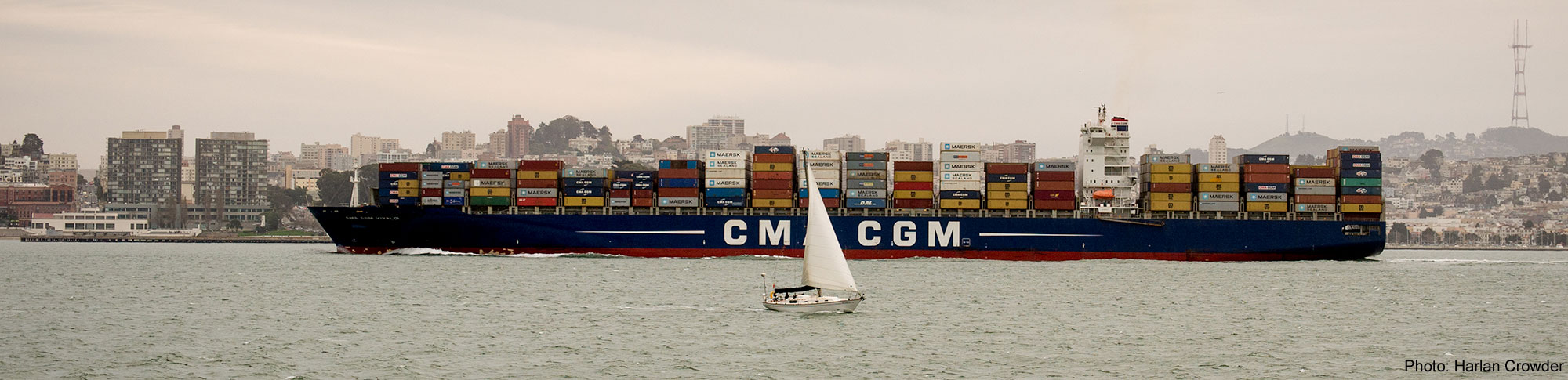 A cargo ship in San Francisco Bay, Photo by Harlan Crowder