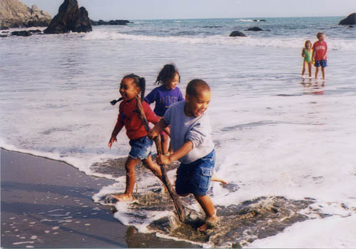 Children running from the waves, Muir Beach