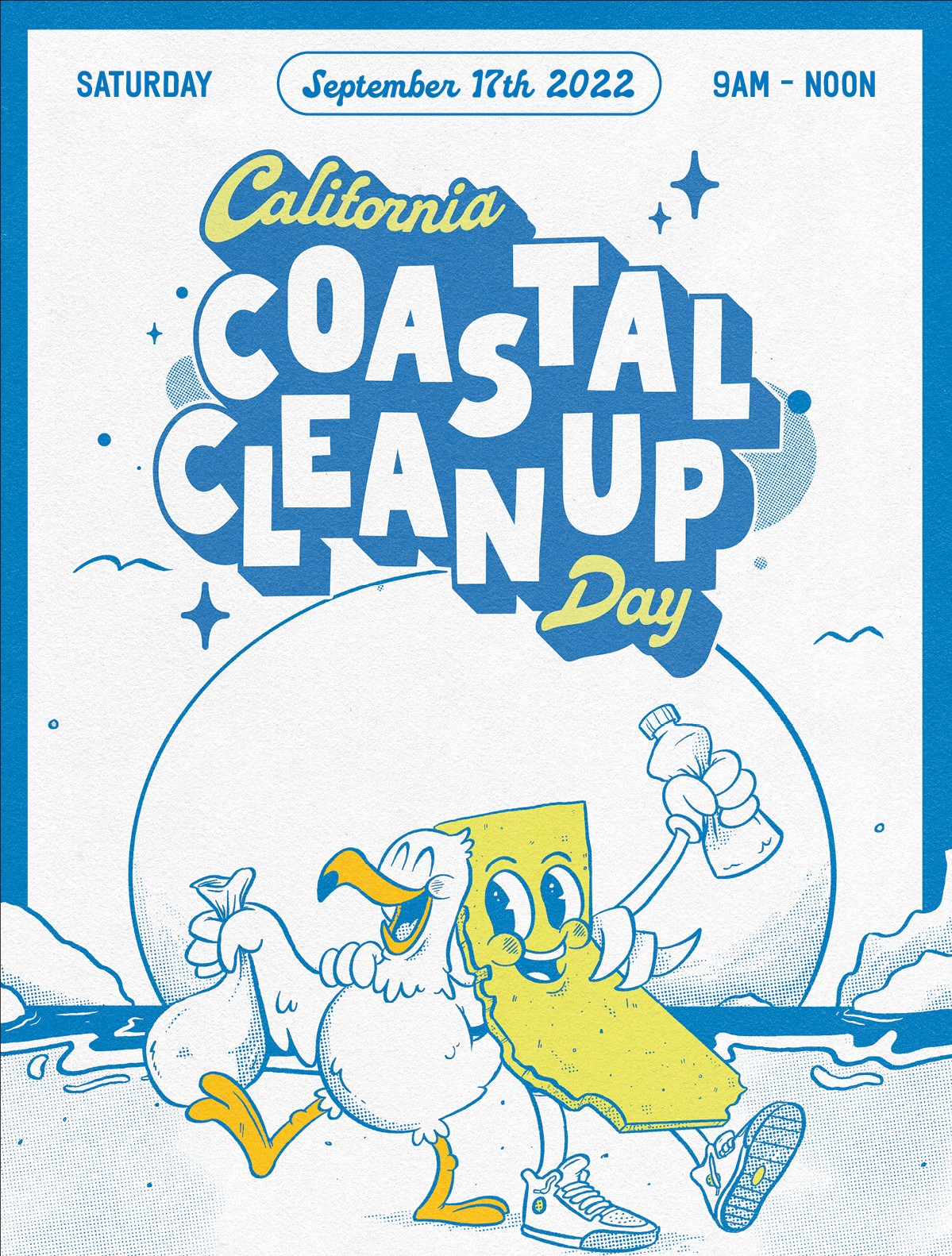 California Coastal Cleanup Day poster image. Shows a cartoon gull and State of California with arms around eachother and holding trashbags