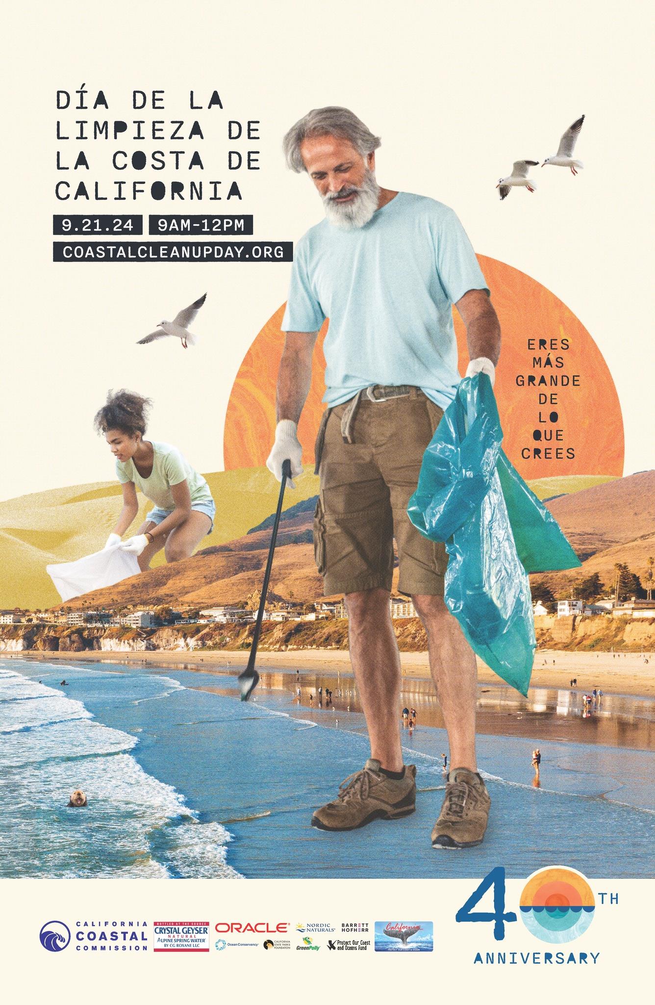 California Coastal Cleanup Day poster image. Shows 'giant' people picking up trash along the central California coast.