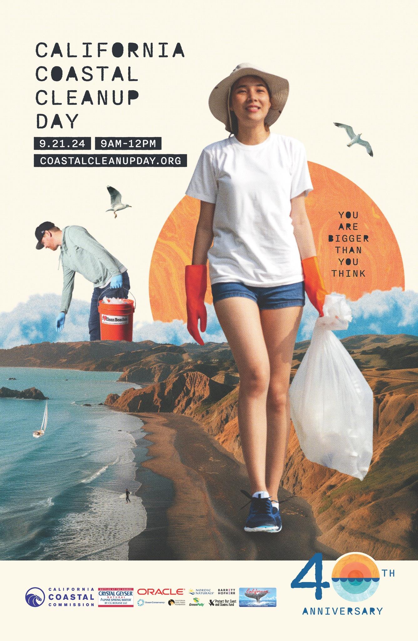 California Coastal Cleanup Day poster image. Shows 'giant' people picking up trash along the northern California coast.