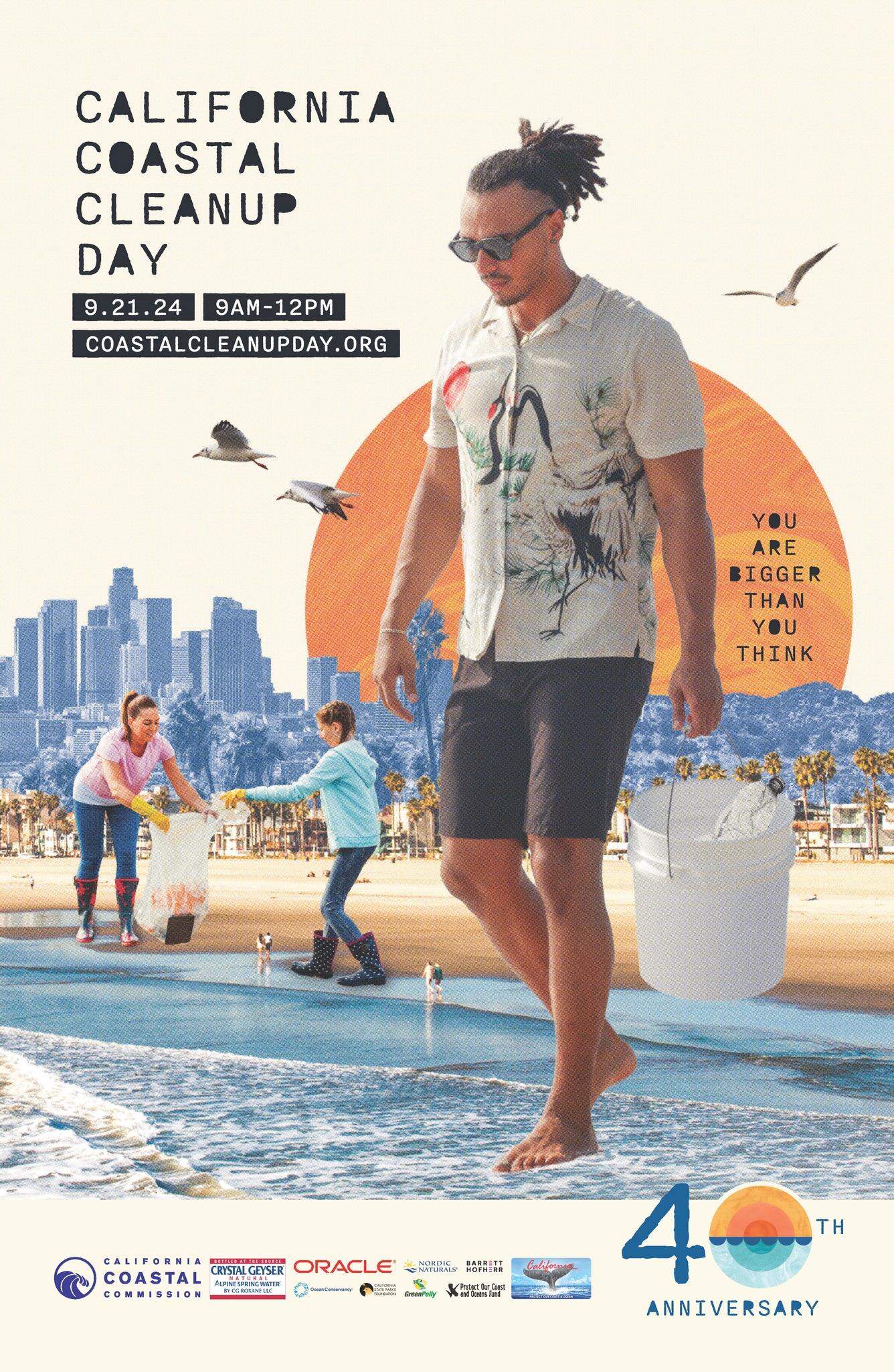 California Coastal Cleanup Day poster image. Shows 'giant' people picking up trash on the beach, with city of Los Angeles in distance.