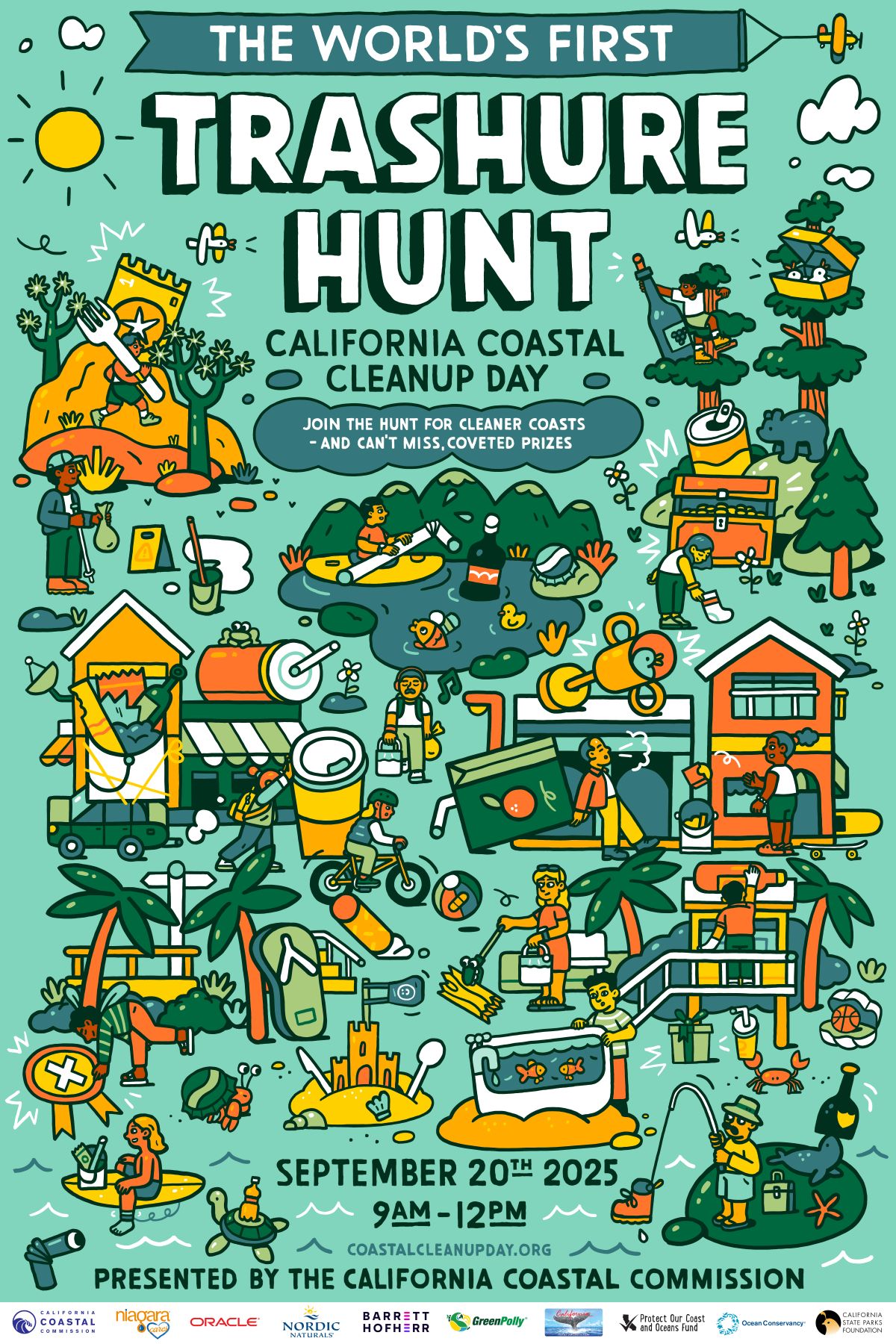California Coastal Cleanup Day poster image. Cartoon depiction of people in a varietyof settings picking up trash. Text: The World's First Trashure Hunt. California Coastal Cleanup Day. Join the hunt for cleaner coasts - and can't miss, coveted prizes. September 20th, 2025, 9am-12pm. Presented by the California Coastal Commission.