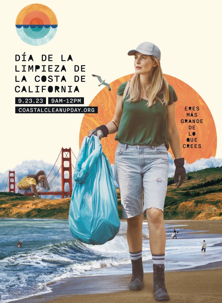 California Coastal Cleanup Day poster image. Shows oversized people picking up trash on a northern California beach, the Golden Gate Bridge in background