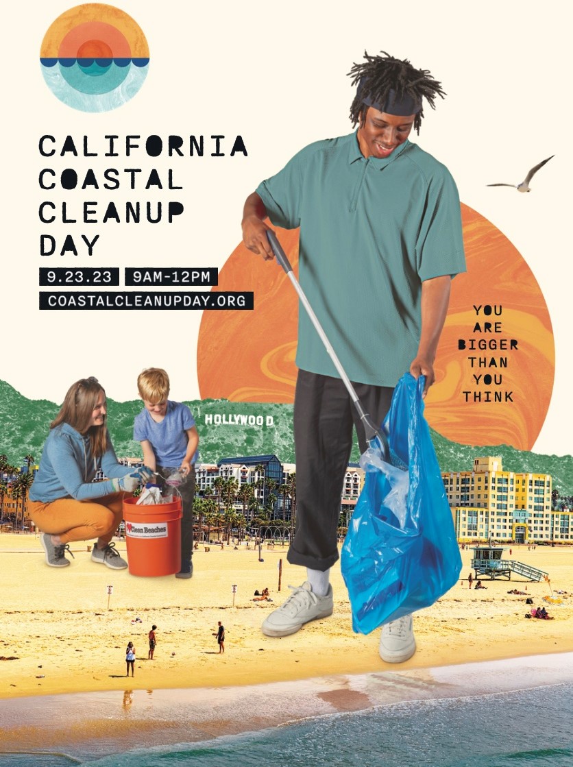 California Coastal Cleanup Day poster image. Shows oversized people picking up trash on a southern California beach, the Hollywood sign in background