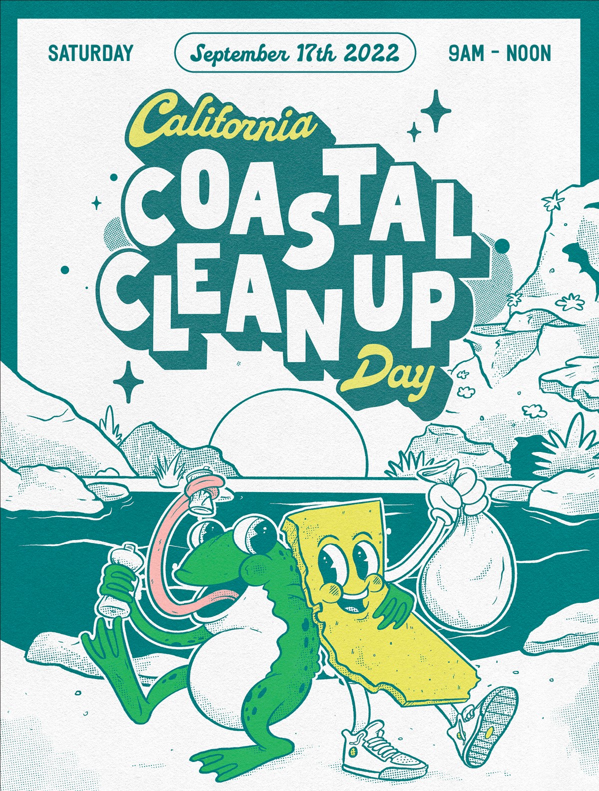California Coastal Cleanup Day poster image. Shows a cartoon frog and State of California with arms around eachother and holding trashbags