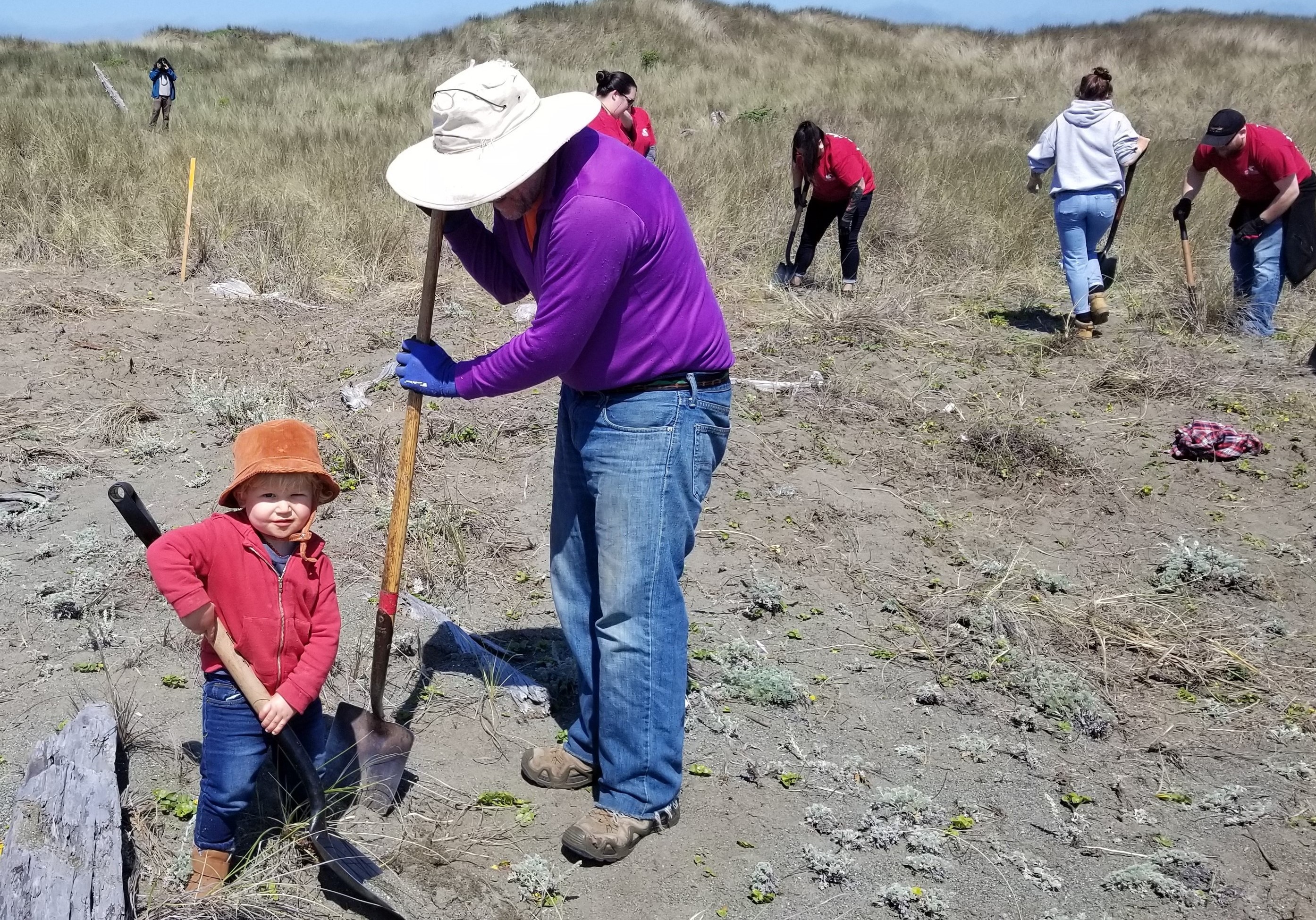 A young child and adult with shovels working in the dunes