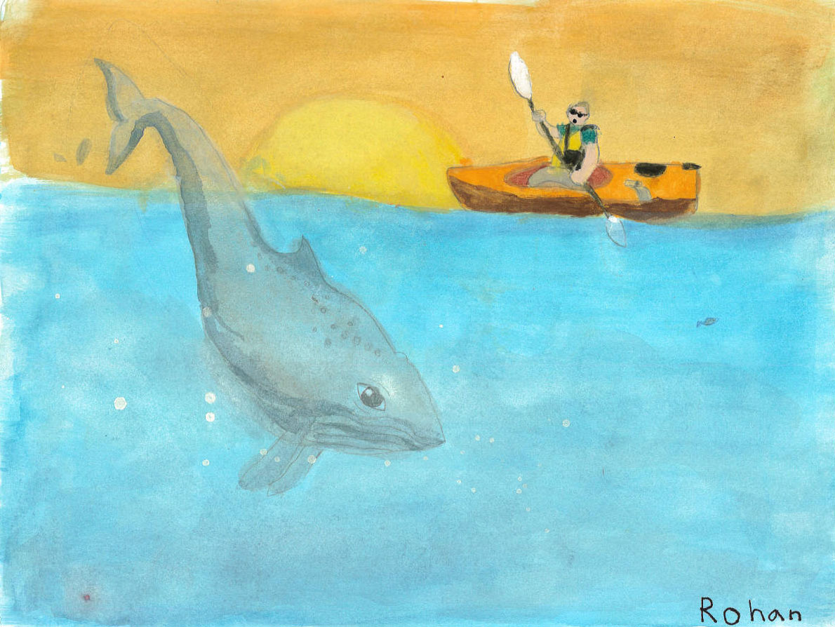 Kayaker surprised by whale, in watercolor and pencil