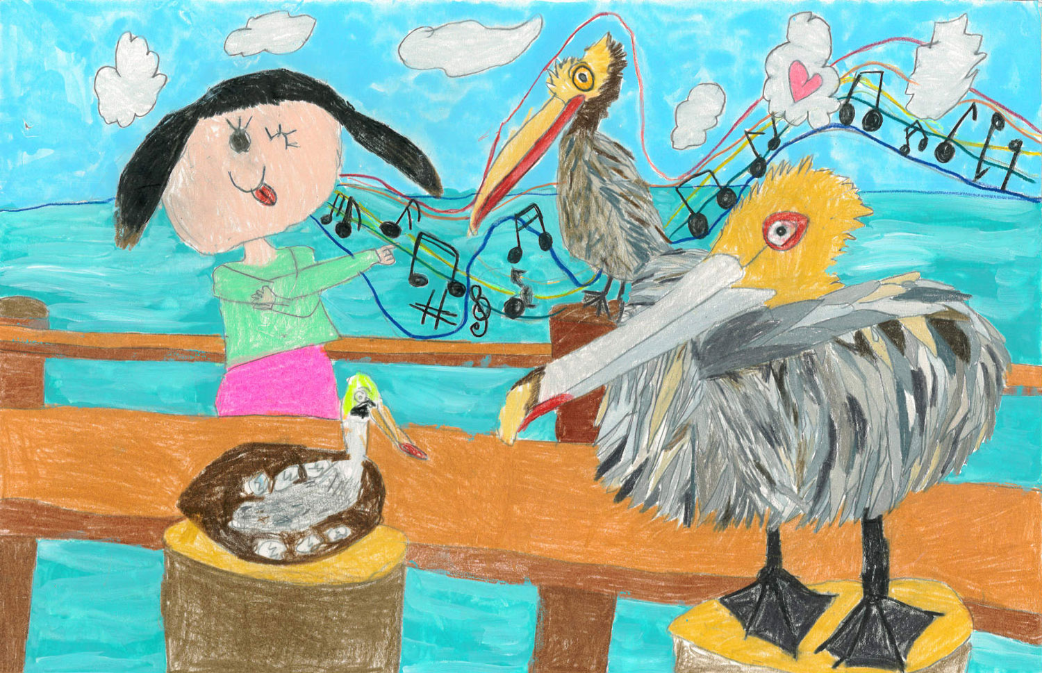 Child singing to pelicans perched on a pier
