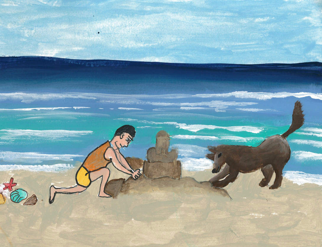 Painting of a child building a sandcastle while a dog plays nearby