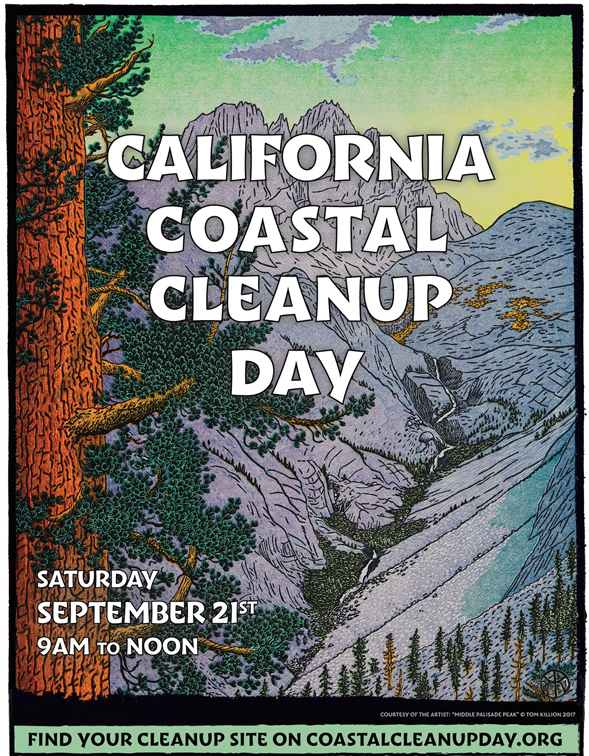 2019 COASTAL CLEANUP DAY POSTER, woodcut print of alpine scene of sequioa and a mountain stream