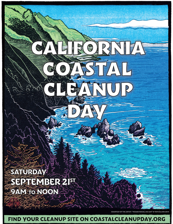 2019 COASTAL CLEANUP DAY POSTER, woodcut print looking down the coast from sheer bluffs and rocky coastline