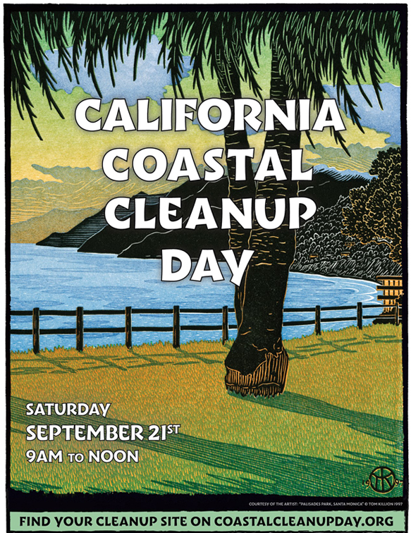 2019 COASTAL CLEANUP DAY POSTER, woodcut print of view of the ocean from Santa Monica
