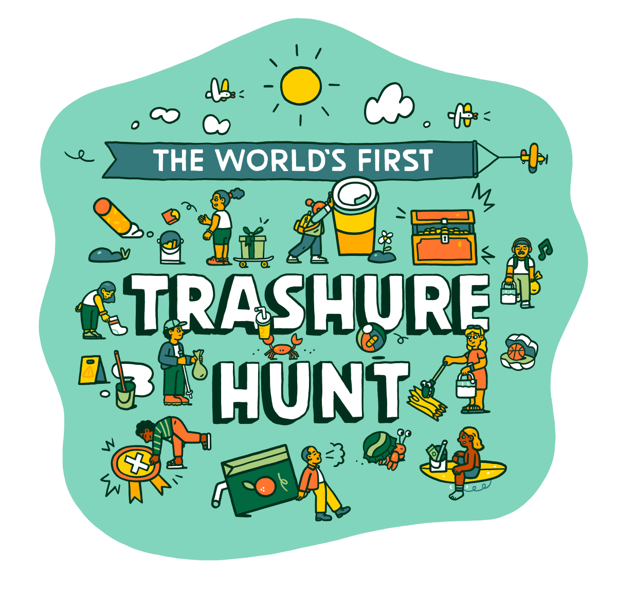 The front of the 2025 Coastal Cleanup Day Shirt with cartoon images of people and animals collecting trash and finding treasure items, on a green background. Large text says Trashure Hunt.