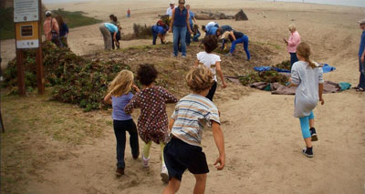Habitat restoration at the beach, with students and adults