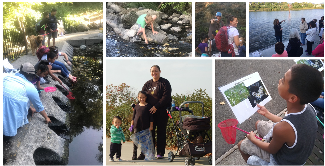 Collage of photos from an outing to a waterway, including smiling families and kids using dipnets